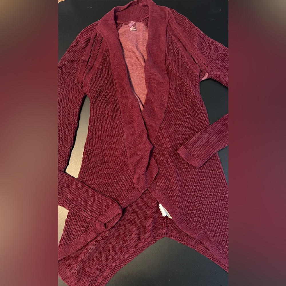 PrAna Burgundy Diamond Sidetail Open Cardigan Sweater Size Medium GUC